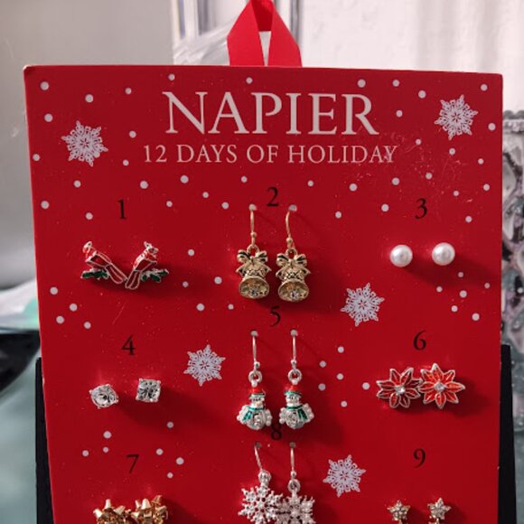 NAPIER 12 DAYS OF HOLIDAY Christmas Crystal & Enamel 12 Pairs of Earrings Set - Picture 2 of 5